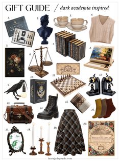 Dark Academia Inspired Gift Ideas | Gift Guide Dark Academic School Supplies, Gift Ideas Dark Academia, Dark Academia Aesthetic Amazon Finds, Christmas Gift Aesthetic Ideas, Dark Academia List, Dark Academia Wishlist, Dark Academia Recipes, Gift Guide Aesthetic, Amazon Dark Academia