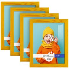 three yellow frames with a baby holding a snowflake