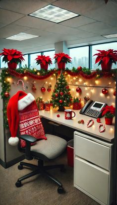 an office cubicle decorated with christmas decorations