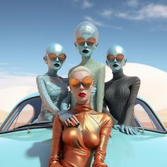 an image of three women standing in front of a car with aliens on the hood