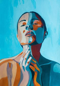 a painting of a woman with her hands on her face and the background is blue