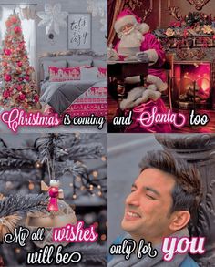 a collage of photos with santa clause and christmas tree in the background, text reads merry christmas is coming and santa too no all wishes will be for you