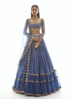 Vvani By Vani Vats | Dull Blue Linear Drop Tier Lehenga | INDIASPOPUP.COM Orang India, Indian Outfits Lehenga, Gaun Fashion, Traditional Indian Dress, Blue Lehenga, Indian Bridal Outfits