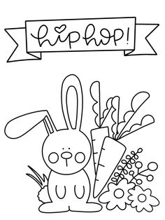 a coloring page with an image of a bunny holding carrots and the words happy on it