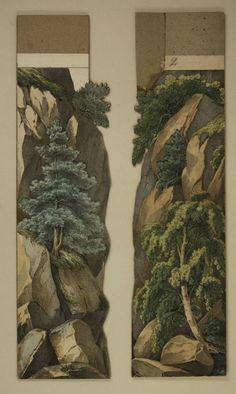 two paintings with trees and rocks on them