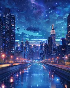 New York Skyline at Night in Anime Style Anime City Aesthetic, Anime Night City, Anime Skyline, New York Anime, New York Anime Background, City At Night Painting, City Nighttime, Vice Aesthetic, Cityscape At Night Drawing