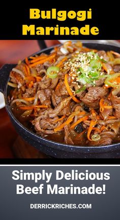 the beef and vegetable dish is served in a skillet