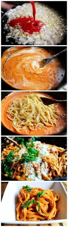 four different types of pasta being cooked in pans with sauce and parmesan cheese