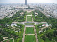 an aerial view of the eiffel tower and gardens in paris, from above