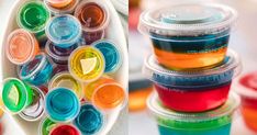 there are many different colors of paint in plastic cups