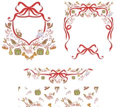 christmas decorations with ribbons and bows on them are shown in three different designs, one is red