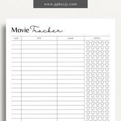 a printable movie tracker is shown with the words movies written in black and white