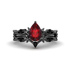 Gothic Wedding Rings Engagement, Black And Red Engagement Ring, Black And Red Promise Ring, Red And Black Engagement Rings, Black And Red Wedding Rings, Black Ring With Red Stone, Gothic Rings Engagement, Gothic Engagement Ring Red, Dark Wedding Rings