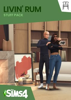 two people standing in a living room next to a bookcase with the title livin'rum stuff pack