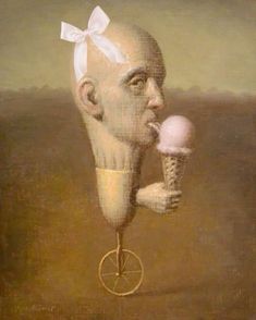 a painting of a balding man holding an ice cream cone