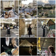 the collage shows people walking and sitting on benches in paris, including two women with umbrellas