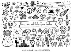 a black and white drawing of doodles with the words peace, love, and outer space doodles