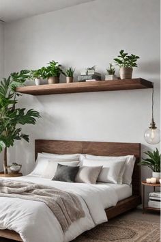 Space-saving floating shelf in compact bedroom Bed Against Wall Shelf, Long Shelf In Bedroom, Bedroom Ideas Shelf Above Bed, Floating Shelf Above Bed With Lights, Shelf Over Bed Ideas Bedroom, Above Bed Floating Shelf, Bedroom Wall Behind Bed Ideas, Floating Shelf Bedroom Above Bed, Floating Shelf Ideas Bedroom