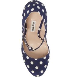 Miu Miu Polka Dot Platform Mary Janes. Crafted from canvas, they come in blue color. These mary jane pumps feature ankle straps with buckles in the center for convenience. They sit on 14 cm block heels and have concealed platforms. Platform Mary Janes, Mary Jane Pumps, Ankle Straps, Miu Miu, Mary Janes, Block Heels, Polka Dot, Polka Dots, Shoe Accessories