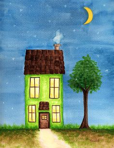 a painting of a green house on a hill with a tree and moon in the sky