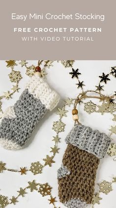 two crocheted christmas stockings hanging from a string with text overlay that says easy mini crochet stocking free crochet pattern