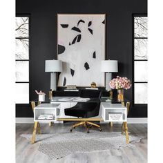 Beverly Large Desk, White/Gold - Furniture - Office - High Fashion Home Elegant Office Decor, Tattoo Modern, Glam Office, Ideas For Interior Design, Office Decor Ideas, White Office, Office Inspo, Elegant Office, Office Designs