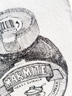 an ink drawing of a jar of marmite