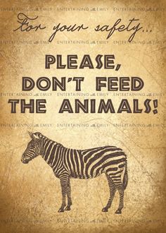 a zebra with the words please, don't feed the animals