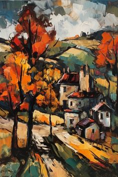 an oil painting of houses and trees in autumn