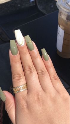 Avo Green Nails, Short Acrylic Nails Square Spring Green, Square Sage Nails, Creamy Green Nails, Sage Green Matte Nails Design, Olive Green And Beige Nails, Green And Neutral Nails, Army Green And White Nails, Sage Green And Gold Nails Acrylic