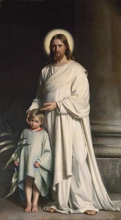 a painting of jesus holding the hand of a young boy in front of a statue