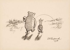 a drawing of winnie the pooh and her cat walking down a path in the grass