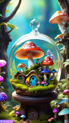 a glass bowl filled with lots of different types of mushrooms and houses in the woods