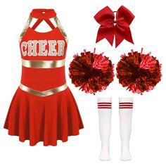 a cheerleader outfit with red and gold pom poms