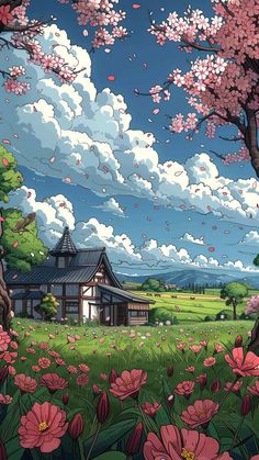 an anime scene with flowers in the foreground and clouds in the sky above it