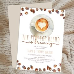 the perfect blend is brewing brunch party card on a blanket with coffee beans