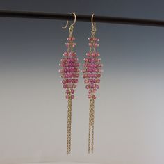 Beaded 18 karat gold Tourmaline Earrings Pink Sterling Silver Briolette Earrings, Pink Briolette Sterling Silver Earrings, Fine Jewelry Pink Briolette Earrings, Pink Briolette Fine Jewelry Earrings, Elegant Gold Tourmaline Earrings, Handmade Gold Tourmaline Earrings, Gold Pink Sapphire Earrings In Fine Jewelry Style, Gold Pink Sapphire Earrings Fine Jewelry, Fine Jewelry Pink Sapphire Earrings In Yellow Gold