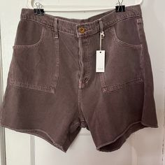 Unisex Brand Nsf Fabrics To Die For Great Mauve Purple Lilac Overdyed Denim Fabric 100% Cotton Wear At Natural Waist For A Chic Relaxed Fit Or A Lil Oversized Slung Low. Utility Style Bottoms For Fall, Short Length, Utility Style Fall Bottoms Short Length, High Waist Washed Utility Bottoms, Brown Denim Bottoms With Frayed Hem, Jean Shorts With Pockets For Fall, Utility Style Short Jeans For Summer, High Rise Washed Cotton Shorts, Mid-rise Cotton Utility Jean Shorts, High-waisted Jean Shorts For Fall With Pockets