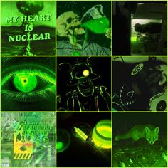 the collage shows images of green eyes and other things that appear to be glowing