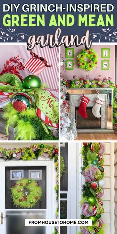 DIY Grinch Garland &#8211; A Step-By-Step Tutorial | Christmas Decor Ideas Whoville Archway Diy, Grinch Christmas Bathroom Decor, Grinch Wall Decorations Diy, Green Christmas Wreath Ideas, Grinch Mantle Ideas, Diy Grinch Christmas Decorations Outdoor, Whoville Diy Decorations, Grinch Office Door Decorating Ideas