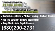 an advertisement for towing and repair company with a man on a skateboard in the background