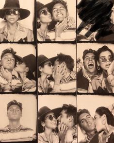 black and white photo collage of people kissing each other with hats on their heads