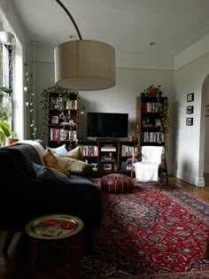 a living room filled with furniture and a large rug