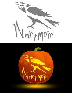 two pumpkins with the words nevermore and a crow on them, both in black and white