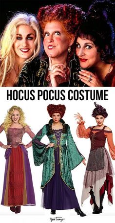 three women dressed in costumes with the words hocus pocus costume on top and bottom