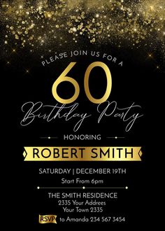 a black and gold 60th birthday party with sparkles on the background, it is an elegant