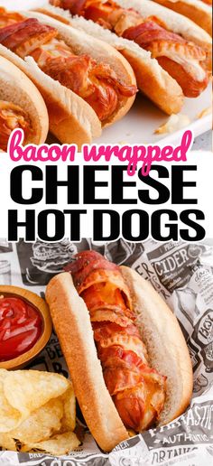 bacon wrapped cheese hot dogs with ketchup and chips on the side are shown