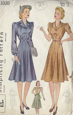 ~ Circa/Date: 1940 ~ Details:   DRESS of SKIRT & BLOUSE ((This pattern is also available in Size:16 Bust:34″ see item number: 251149605869) ~ Size/Measurements (Inches):     ~ Size: 15     ~ BUST: 33″       ~ Waist: 27 1/2″        ~ Hip: 36″  ~ Please Note: ~ You are buying a 'Professional Reproduced' copy of this sewing pattern. Copied from the original sewing pattern. Produced in Full Scale Pattern Pieces ready to cut with full instructions included. Reproduced on high quality 50 gm paper with black ink, durable and easier for reuse. Printed by a Professional Printing Company.   ~ With this product comes an accompanying 'Booklet' and inside the Booklet it includes: ~ A 2-page Instructions and Illustrations on 'How to Adjust Your pattern to your Personal Measurement.' ~ Personal Measureme 40s Mode, 1940s Dress Pattern, Wwii Fashion, 40's Fashion, Fashion 1940s, Skirt Blouse, Vintage Dress Patterns, Vintage Wardrobe, 40s Fashion