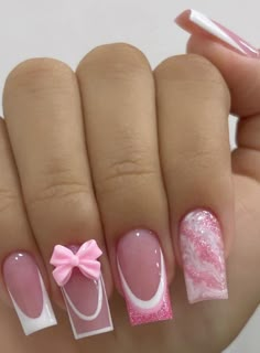 Aesthetic Nails Glitter, Bow Nail Designs, Acrylics Nails, Short Square Acrylic Nails, Acrylic Nails Coffin Pink, Acrylic Nails Coffin Short