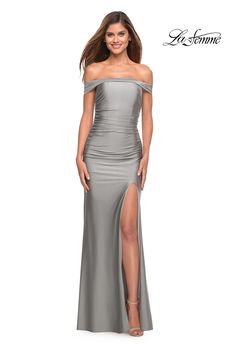 La Femme 30634 Silver 00 Spring 2023 Satin Off Shoulder Dress, Plain Dresses, Off Shoulder Evening Gown, Silver Prom Dress, Straight Across Neckline, Long Formal Gowns, Off Shoulder Gown, Column Gown, Stunning Gowns